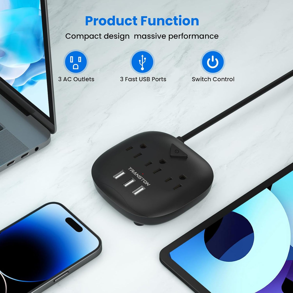 Power Strip with 3 Outlets and 3 USB Ports, Switch Control, 5 Ft Extension Cord, Compact Desktop Charging Station for Nightstand, Office, and Travel - Black