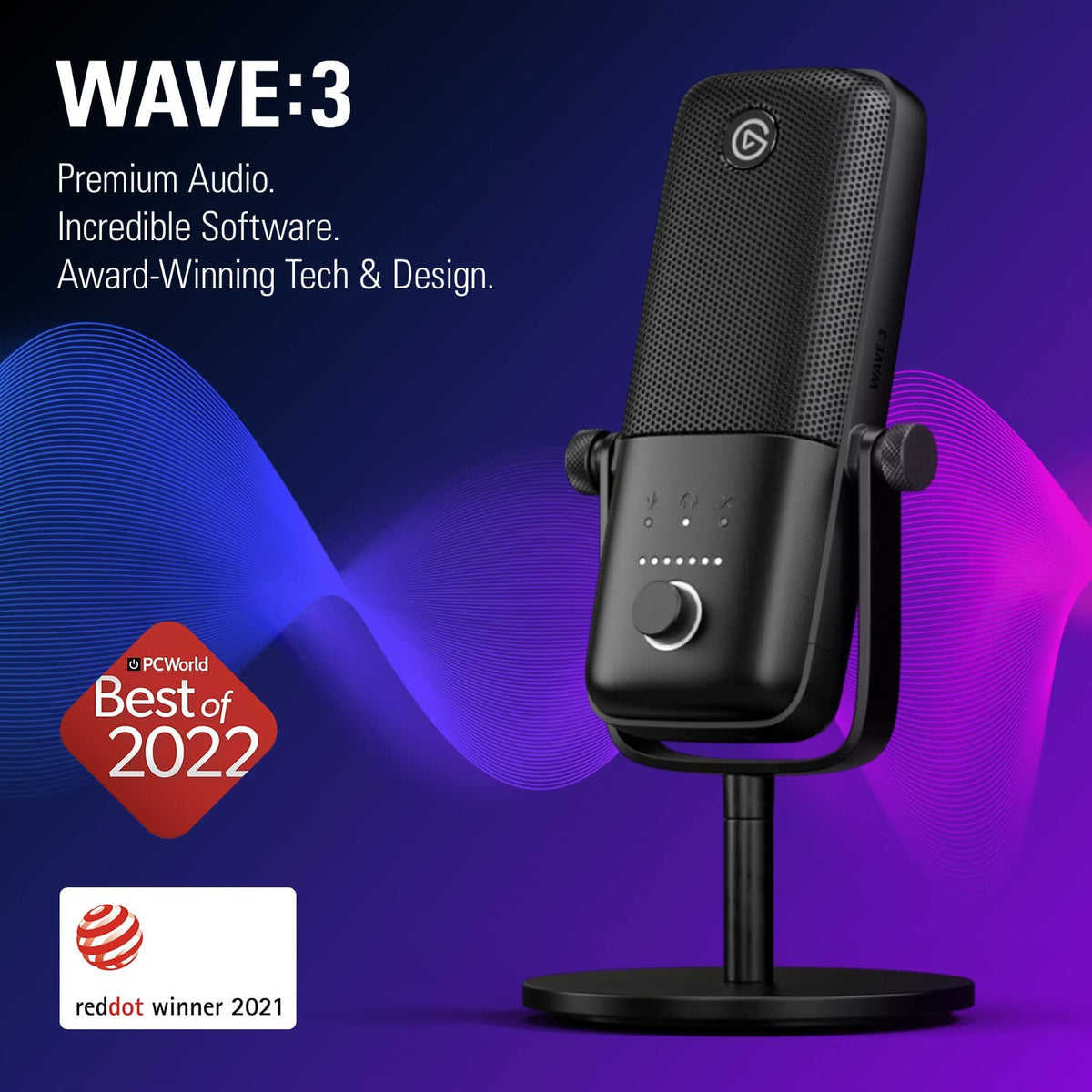 Wave:3 USB Condenser Microphone for Streaming - Cardioid Capsule, 24-Bit/96kHz Audio, Anti-Distortion Clipguard, Complimentary Mixer Software, Plug and Play for Mac and PC