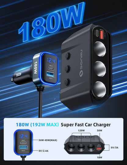 7-in-1 Car Cigarette Lighter Splitter, 180W (Max 192W) 3-Socket Adapter with Dual PD 36W/QC3.0 Fast Charging, 3.7FT Cable, 12V/24V Independent Switches & LED Voltage Display