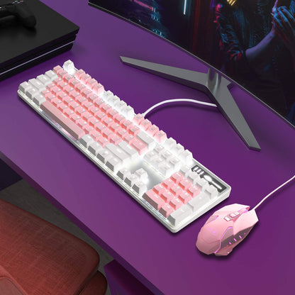 Mechanical Gaming Keyboard with Upgraded Blue Switches, 104 Keys, White Backlit, USB Wired for Laptops and Desktops - Ideal for PC Gamers (White & Pink)