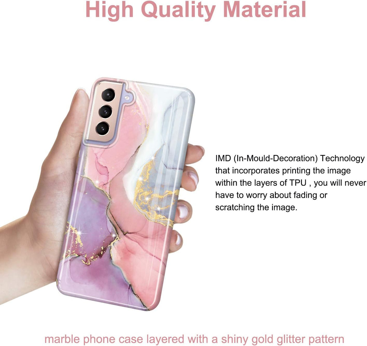 Galaxy S21 Slim Shockproof TPU Case with Gold Sparkle Glitter Marble Design for Samsung Galaxy S21 5G (6.2 Inch, 2021) - Pink and Purple