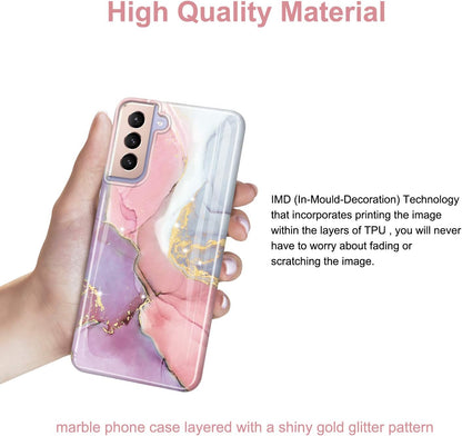 Galaxy S21 Slim Shockproof TPU Case with Gold Sparkle Glitter Marble Design for Samsung Galaxy S21 5G (6.2 Inch, 2021) - Pink and Purple