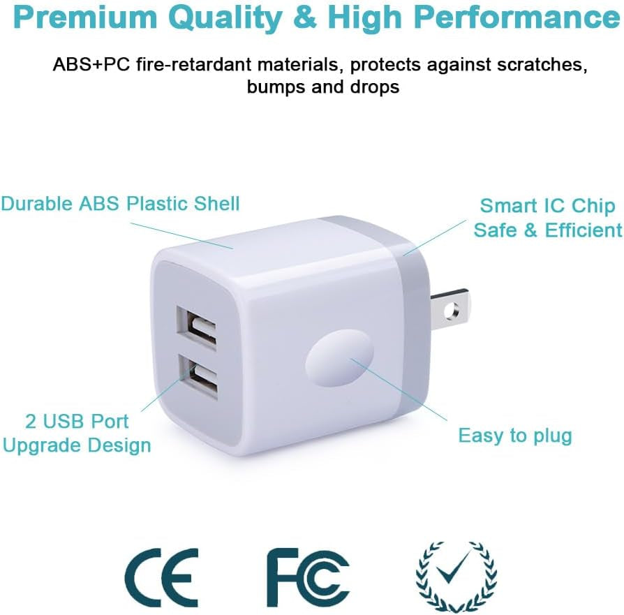 USB Wall Charger - Dual USB Fast Charging Cube Power Adapter (2.1A) - 3-Pack for iPhone 17/16/15/14/13/12/11 Pro Max, XS, XR, X, 8 and Samsung Galaxy S25 Ultra, A17