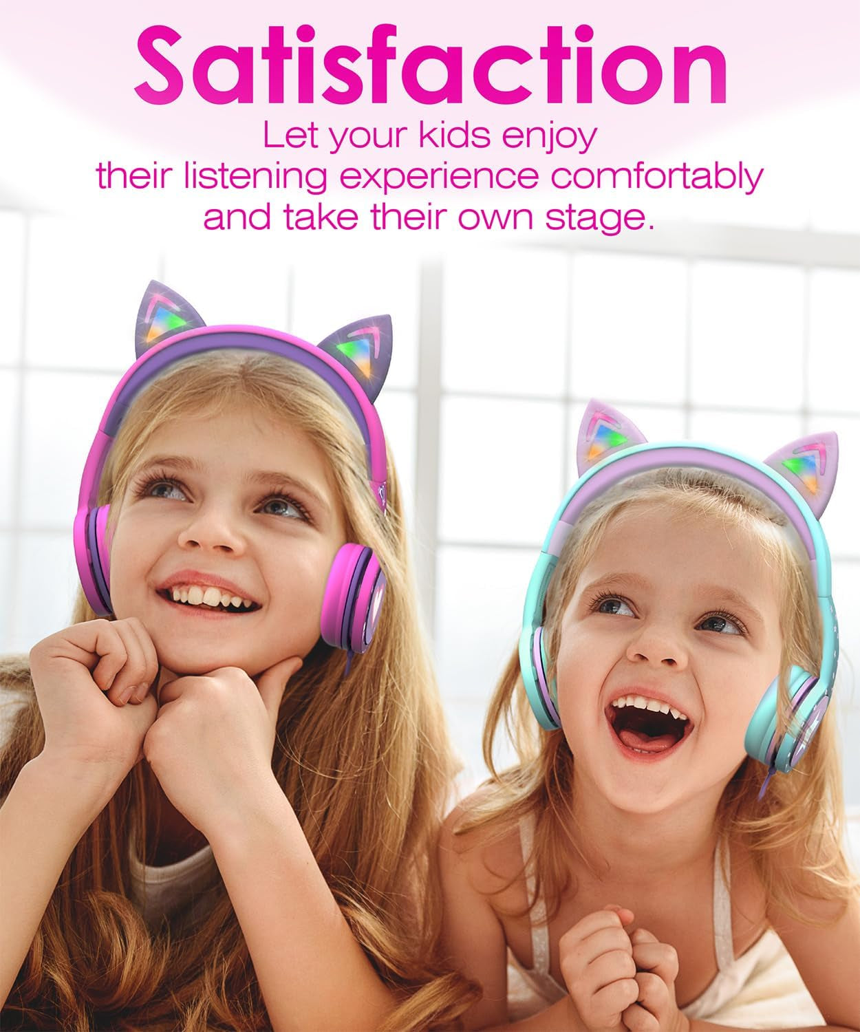 Children's Wired Headphones with LED Cat Ears (85dB Volume Limit), Soft On-Ear Design, Tangle-Free Cables for iPad/Tablet/School/Travel - Teal/Light Purple and Green Options