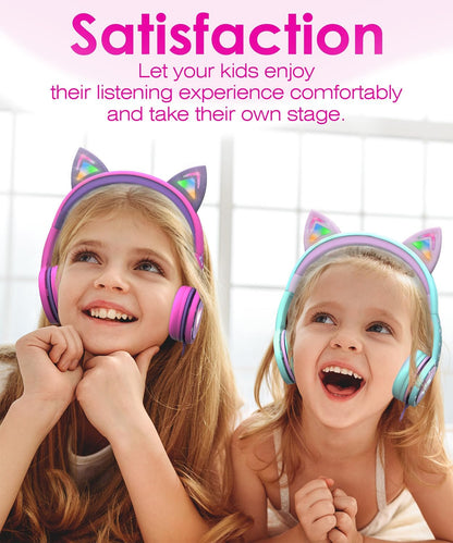 Children's Wired Headphones with LED Cat Ears (85dB Volume Limit), Soft On-Ear Design, Tangle-Free Cables for iPad/Tablet/School/Travel - Teal/Light Purple and Green Options