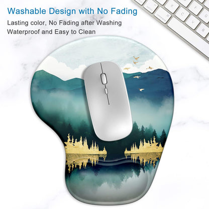 Ergonomic Mouse Pad with Gel Wrist Support and Non-Slip PU Base, 9.5 x 8 Inches, Landscape Forest Design for Office Comfort and Pain Relief