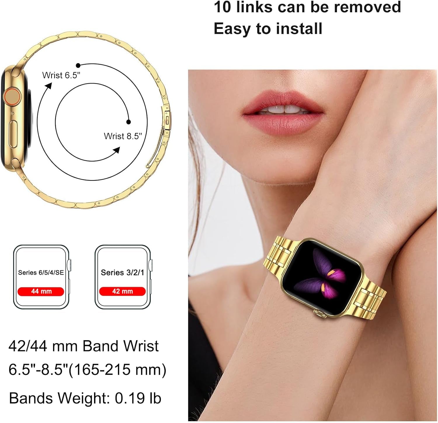 Stainless Steel Adjustable Bands for Apple Watch (45mm, 44mm, 42mm) with Soft TPU Case - Compatible with Series 1-9 and SE Models, Gold Finish for Men and Women