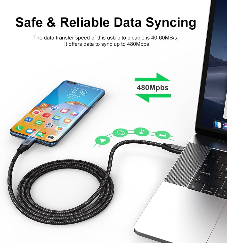 10FT USB C to C Cable, 100W 20V/5A Braided Fast Charging Cable, 480Mbps Data Transfer for MacBook Pro, iPad Air, XPS, Galaxy S23/S23+/S22/S21, Compatible with Other USB C Devices, Gray