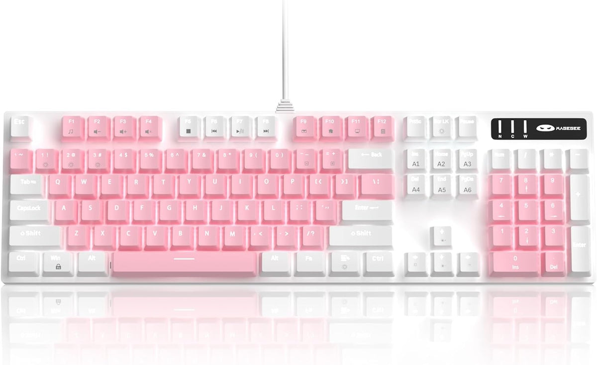 Mechanical Gaming Keyboard with Upgraded Blue Switches, 104 Keys, White Backlit, USB Wired for Laptops and Desktops - Ideal for PC Gamers (White & Pink)