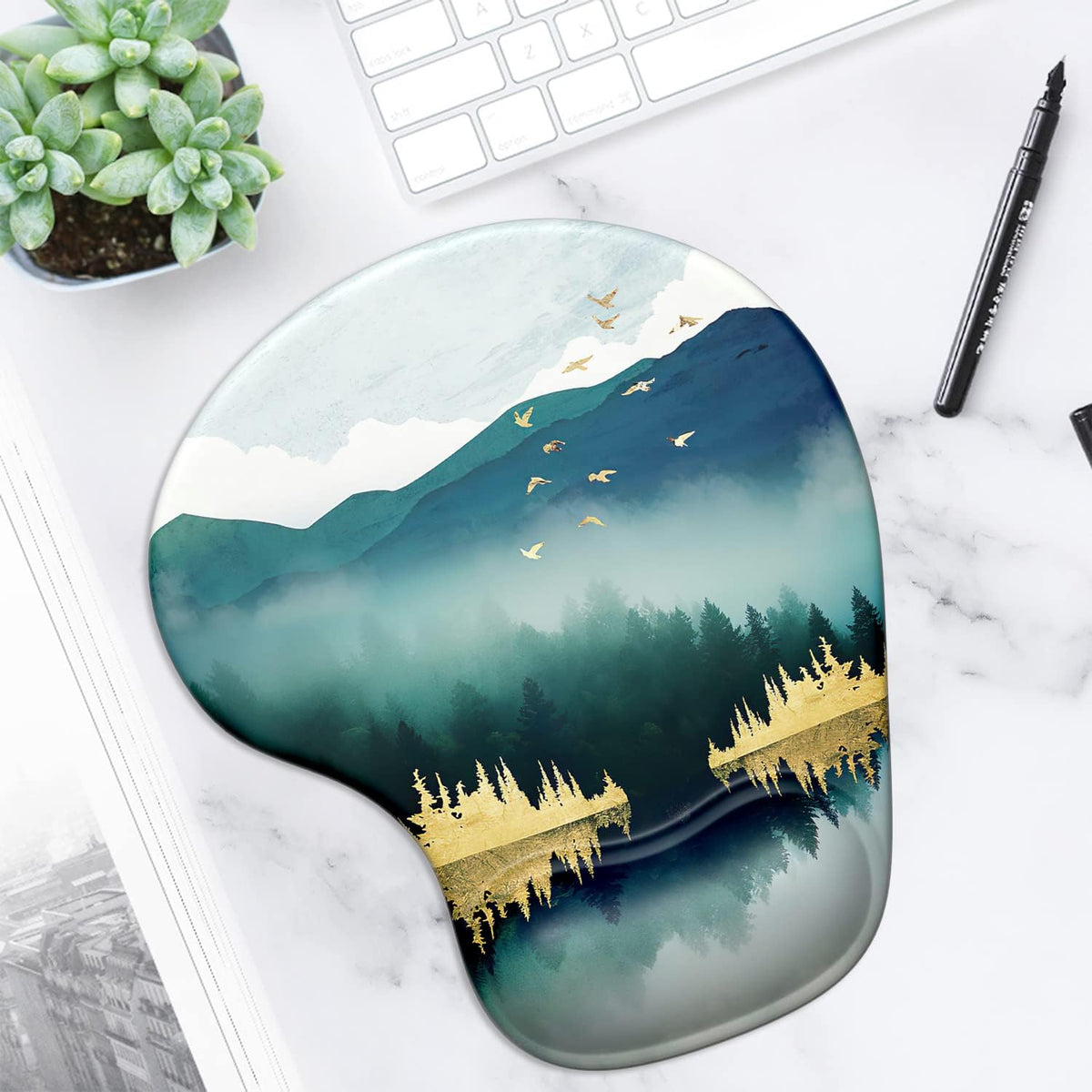 Ergonomic Mouse Pad with Gel Wrist Support and Non-Slip PU Base, 9.5 x 8 Inches, Landscape Forest Design for Office Comfort and Pain Relief
