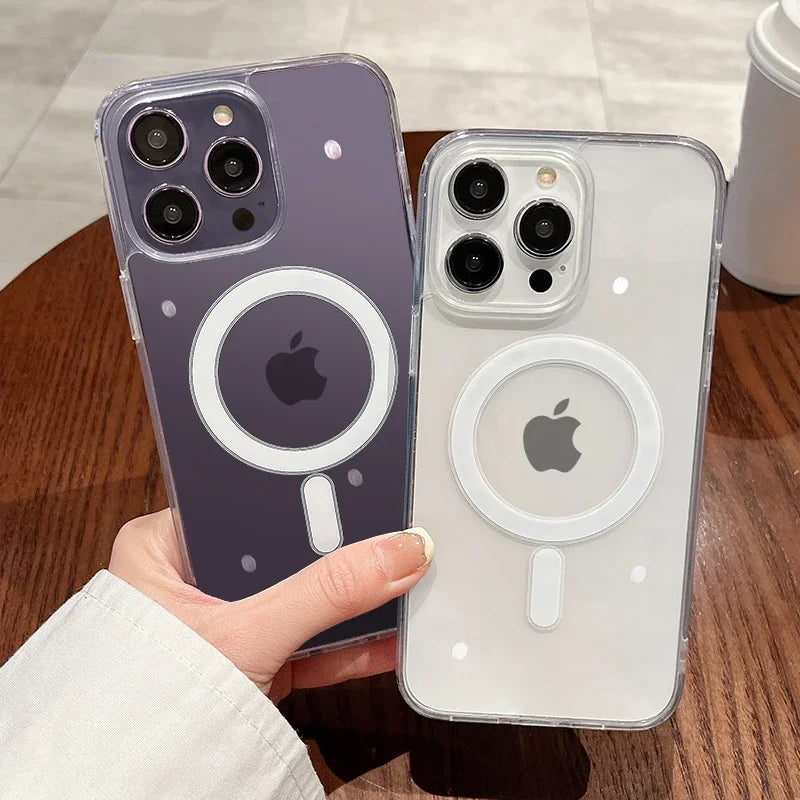 MagSafe-Compatible Transparent Wireless Charging Case for iPhone 11-17 and AirPods Pro Max Plus Mini - Shockproof PC Cover