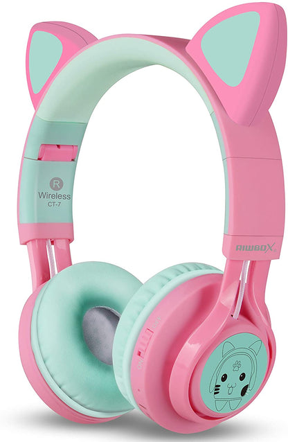 CT-7 Bluetooth Cat Ear Headphones for Kids with LED Lights, Wireless Over-Ear Design, Microphone, and Volume Control - Ideal for Travel, School, Smartphones, Laptops, and TVs (Pink & Green)