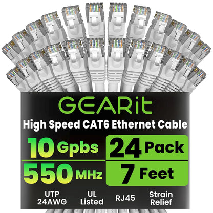 Cat6 Ethernet Patch Cables - 7 Ft, 24-Pack, White | High-Speed 24AWG, 10Gbps, RJ45 Snagless Gold-Plated Cables for Router, Switch, PC, and Gaming Consoles
