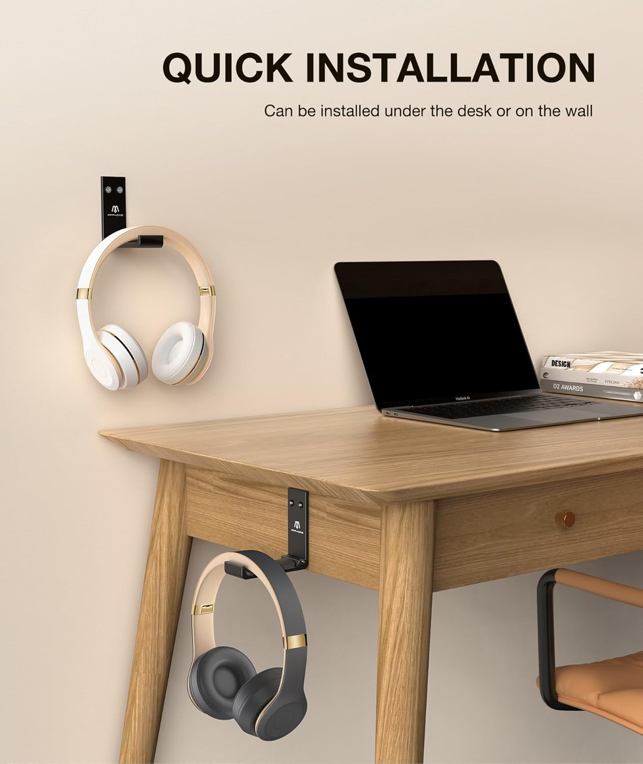 Foldable Aluminum Headphone Stand and Headset Holder Mount with No-Scratch Silicone Pad, Under Desk Wall Hook, Strong Adhesive Gaming Headset Hanger for PC, Home, and Office