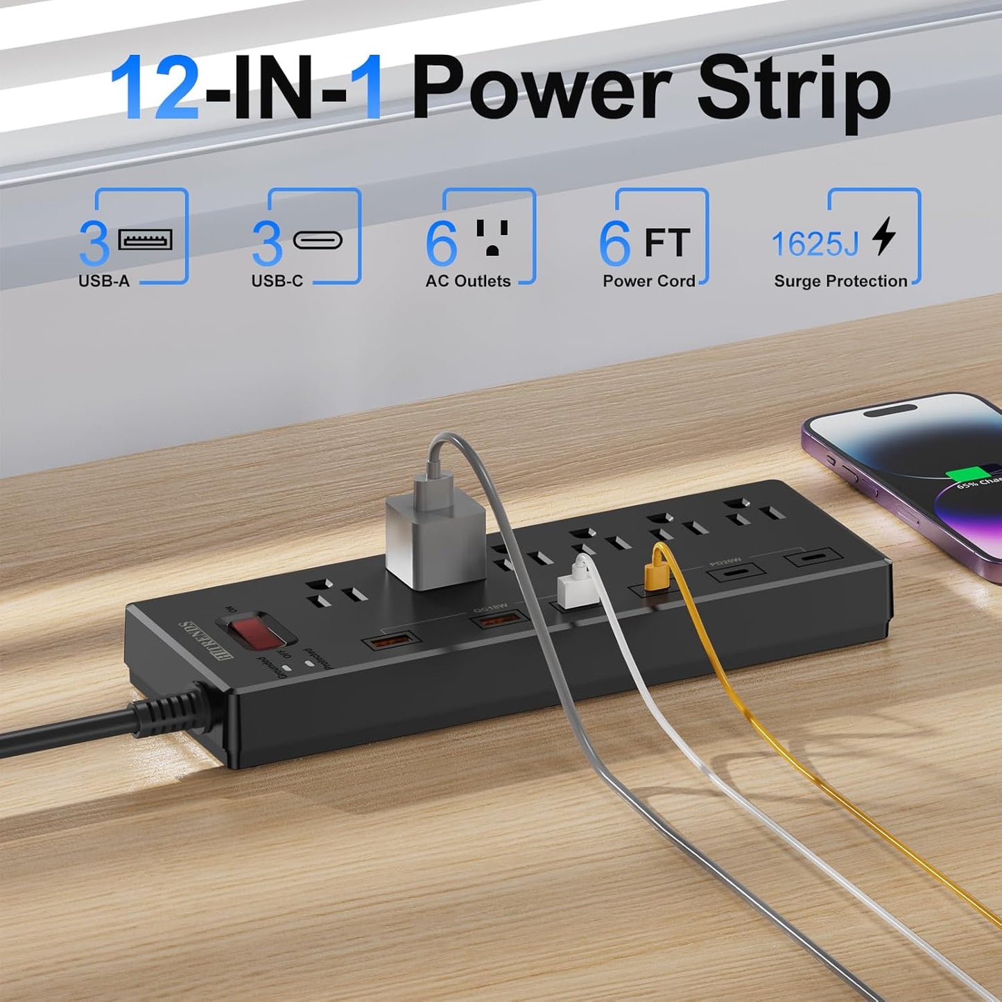 Surge Protector Power Strip with 6 AC Outlets and 6 USB Ports (3 USB-C & 3 USB-A), 20W PD Fast Charging, 6 Ft Flat Plug Extension Cord, 1625W/13A, Ideal for Home and Office Use