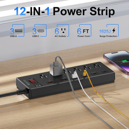 Surge Protector Power Strip with 6 AC Outlets and 6 USB Ports (3 USB-C & 3 USB-A), 20W PD Fast Charging, 6 Ft Flat Plug Extension Cord, 1625W/13A, Ideal for Home and Office Use