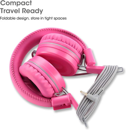 K22 Foldable Wired Kids Headphones with 3.5mm Jack, Flamingo Pink | Stereo On-Ear Headset with 5ft Tangle-Free Cord for Children, Compatible with iPad, School, Kindle, and Travel