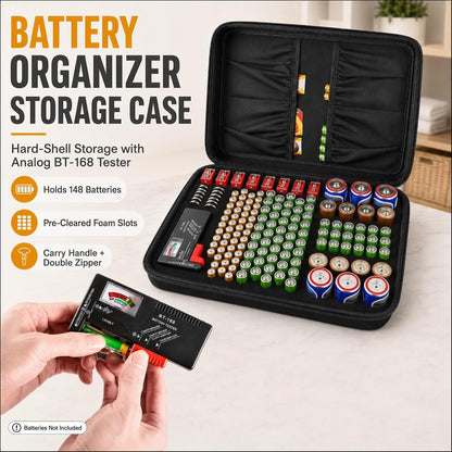Battery Storage Case with Tester for 148+ AA AAA C D 9V Batteries, Hard-Shell Design with Carry Handle and Custom Foam Slots for Organization and Visibility in Home, Garage, or Office