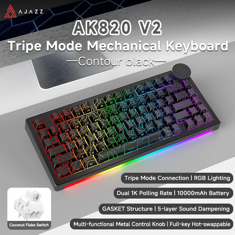AK820V2/Ak820Vpro Multifunctional Mechanical Keyboard with Tri-Mode Connectivity and Wrist Rest