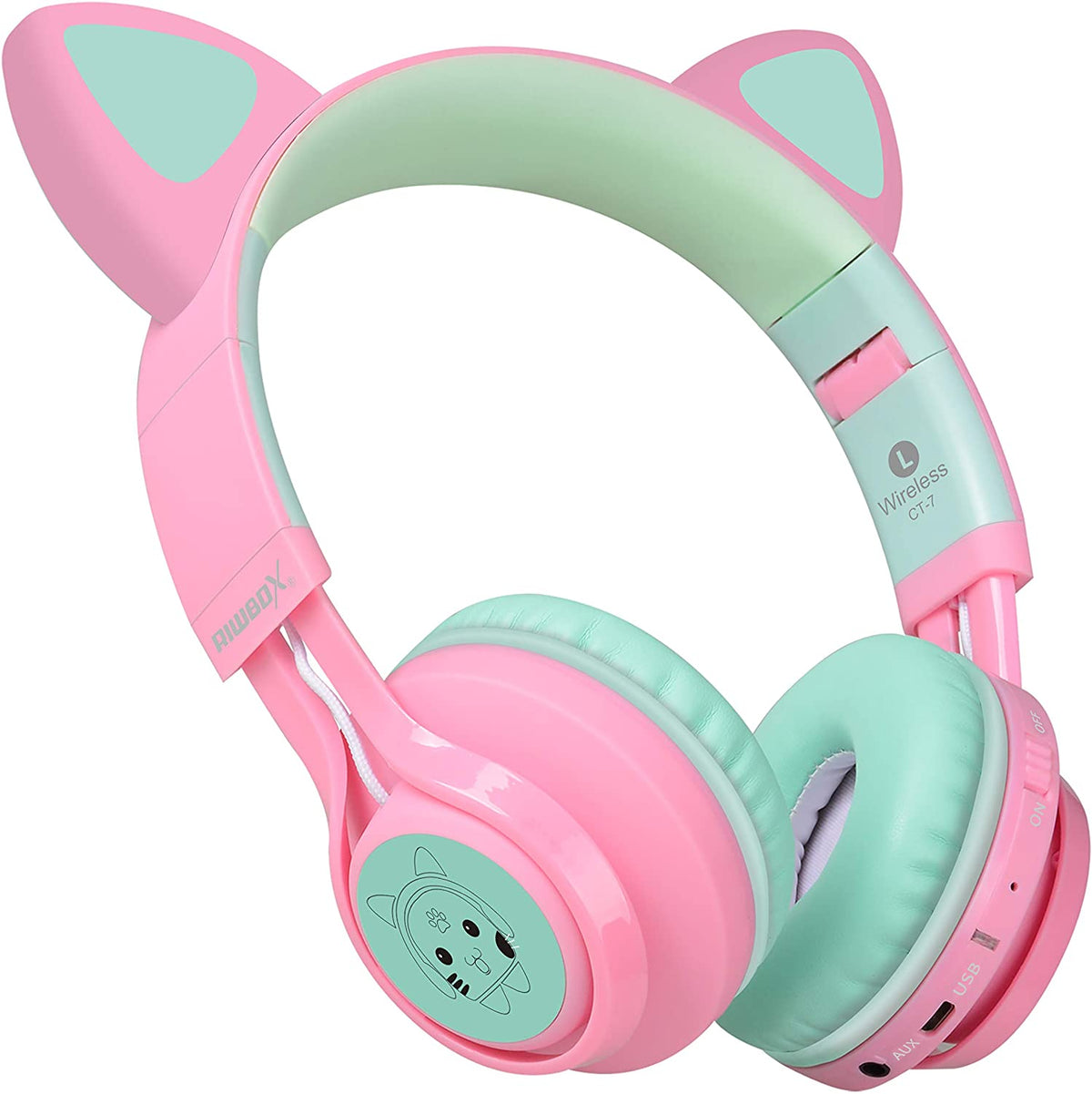 CT-7 Bluetooth Cat Ear Headphones for Kids with LED Lights, Wireless Over-Ear Design, Microphone, and Volume Control - Ideal for Travel, School, Smartphones, Laptops, and TVs (Pink & Green)