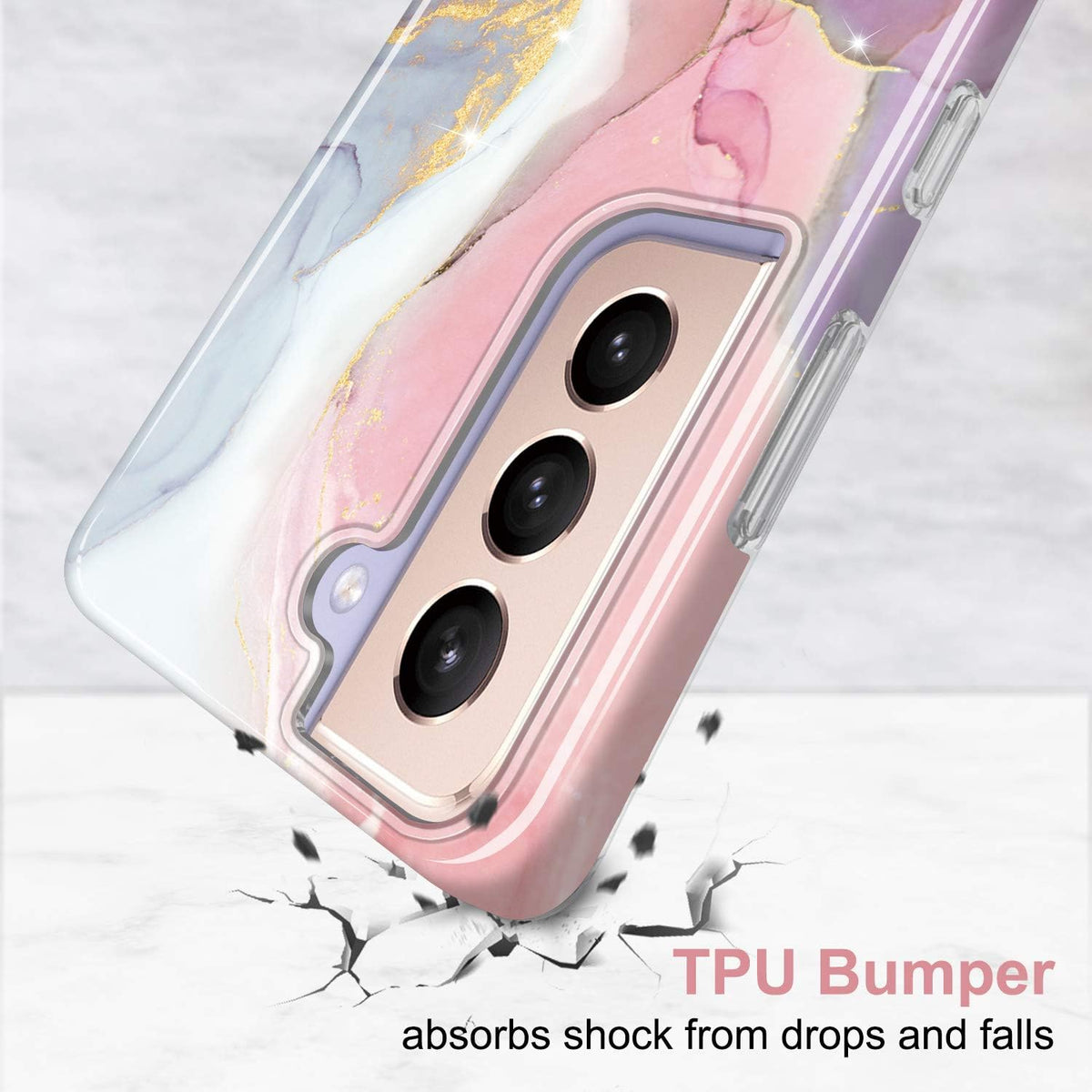 Galaxy S21 Slim Shockproof TPU Case with Gold Sparkle Glitter Marble Design for Samsung Galaxy S21 5G (6.2 Inch, 2021) - Pink and Purple