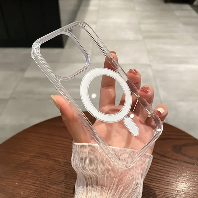 MagSafe-Compatible Transparent Wireless Charging Case for iPhone 11-17 and AirPods Pro Max Plus Mini - Shockproof PC Cover