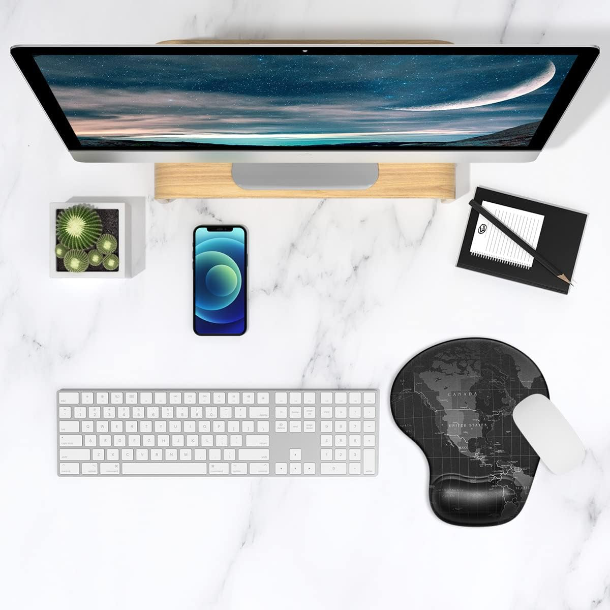 Ergonomic Mouse Pad with Gel Wrist Support - Compact Design, Smooth Surface, Non-Slip PU Base for Comfort and Pain Relief, 8.7 x 7.2 Inches, Map Pattern