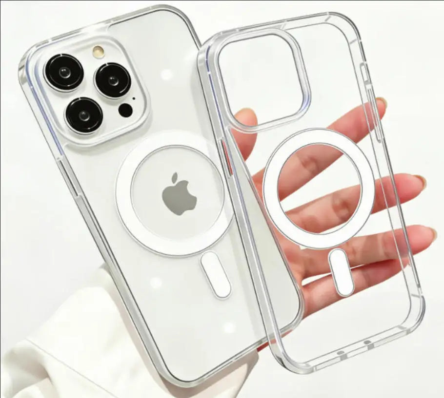 MagSafe-Compatible Transparent Wireless Charging Case for iPhone 11-17 and AirPods Pro Max Plus Mini - Shockproof PC Cover