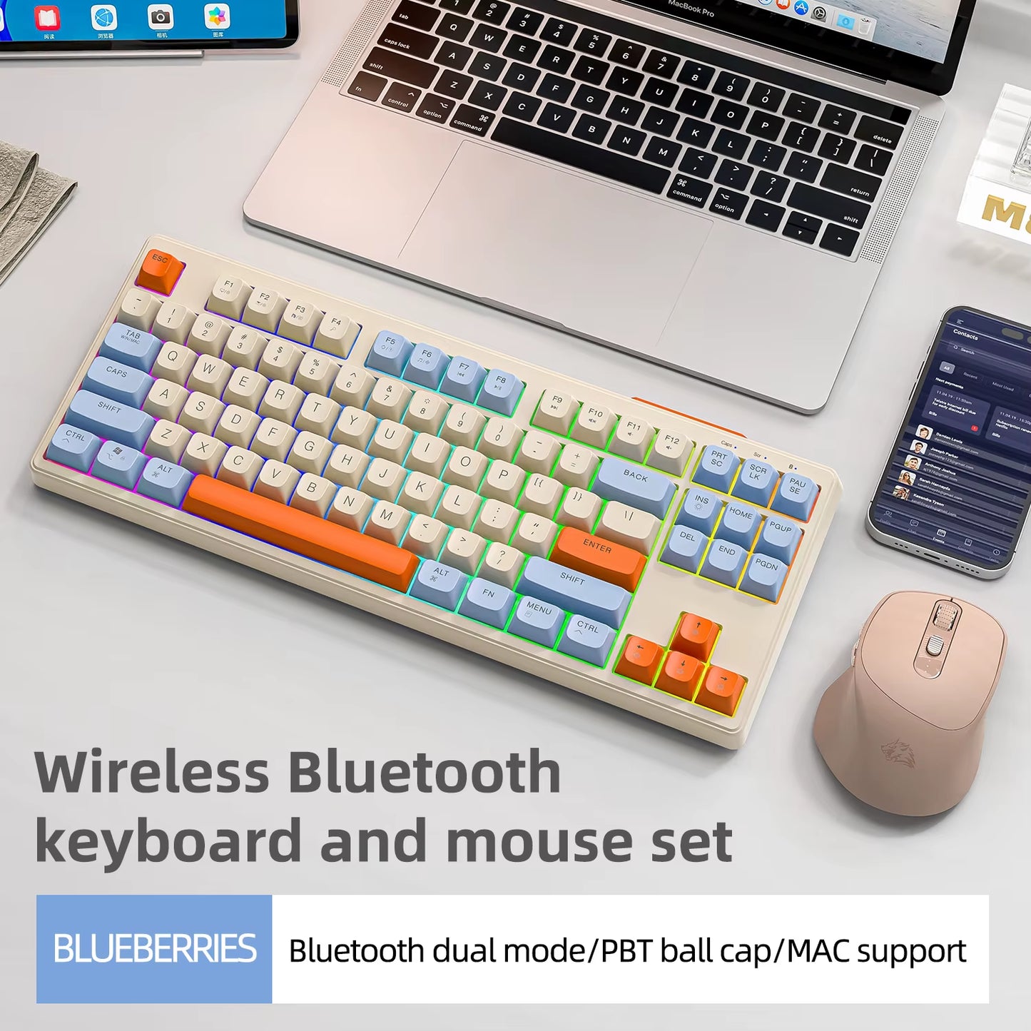 M87 Dual Mode Bluetooth Wireless Gaming Keyboard, 87 Keys with RGB Rainbow Lighting and PBT Keycaps for Quiet Office and Gaming Use