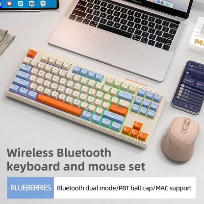 M87 Dual Mode Bluetooth Wireless Gaming Keyboard, 87 Keys with RGB Rainbow Lighting and PBT Keycaps for Quiet Office and Gaming Use