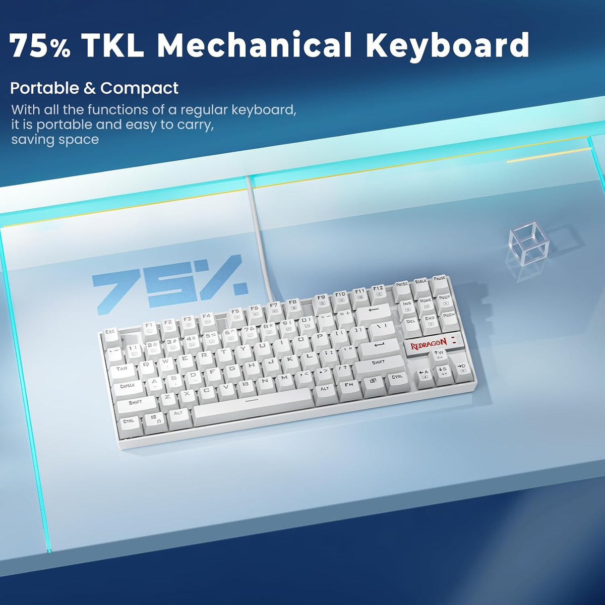 K552P TKL Mechanical Gaming Keyboard - 18 Backlight Modes, Hot-Swappable Blue Switches, 87-Key Compact Ergonomic Design, N-Key Rollover, and Software Programmable Macros - RGB, White