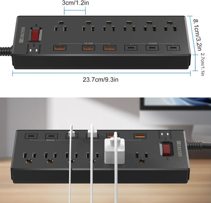 Surge Protector Power Strip with 6 AC Outlets and 6 USB Ports (3 USB-C & 3 USB-A), 20W PD Fast Charging, 6 Ft Flat Plug Extension Cord, 1625W/13A, Ideal for Home and Office Use