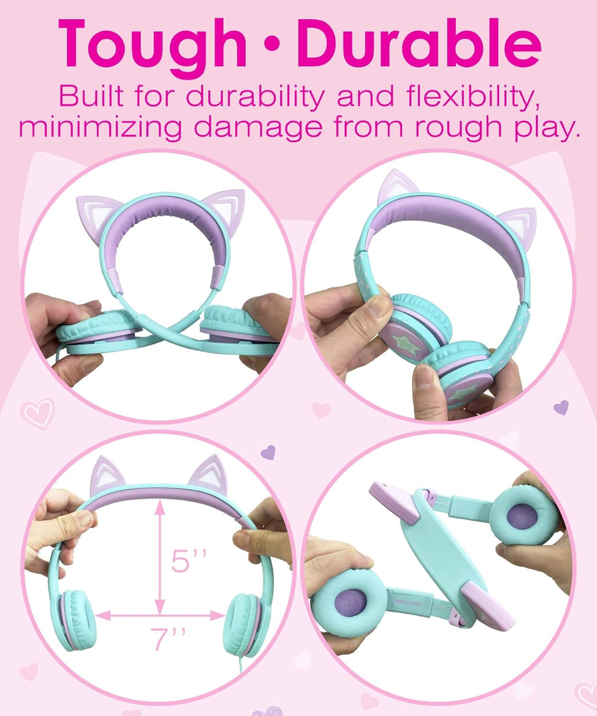 Children's Wired Headphones with LED Cat Ears (85dB Volume Limit), Soft On-Ear Design, Tangle-Free Cables for iPad/Tablet/School/Travel - Teal/Light Purple and Green Options