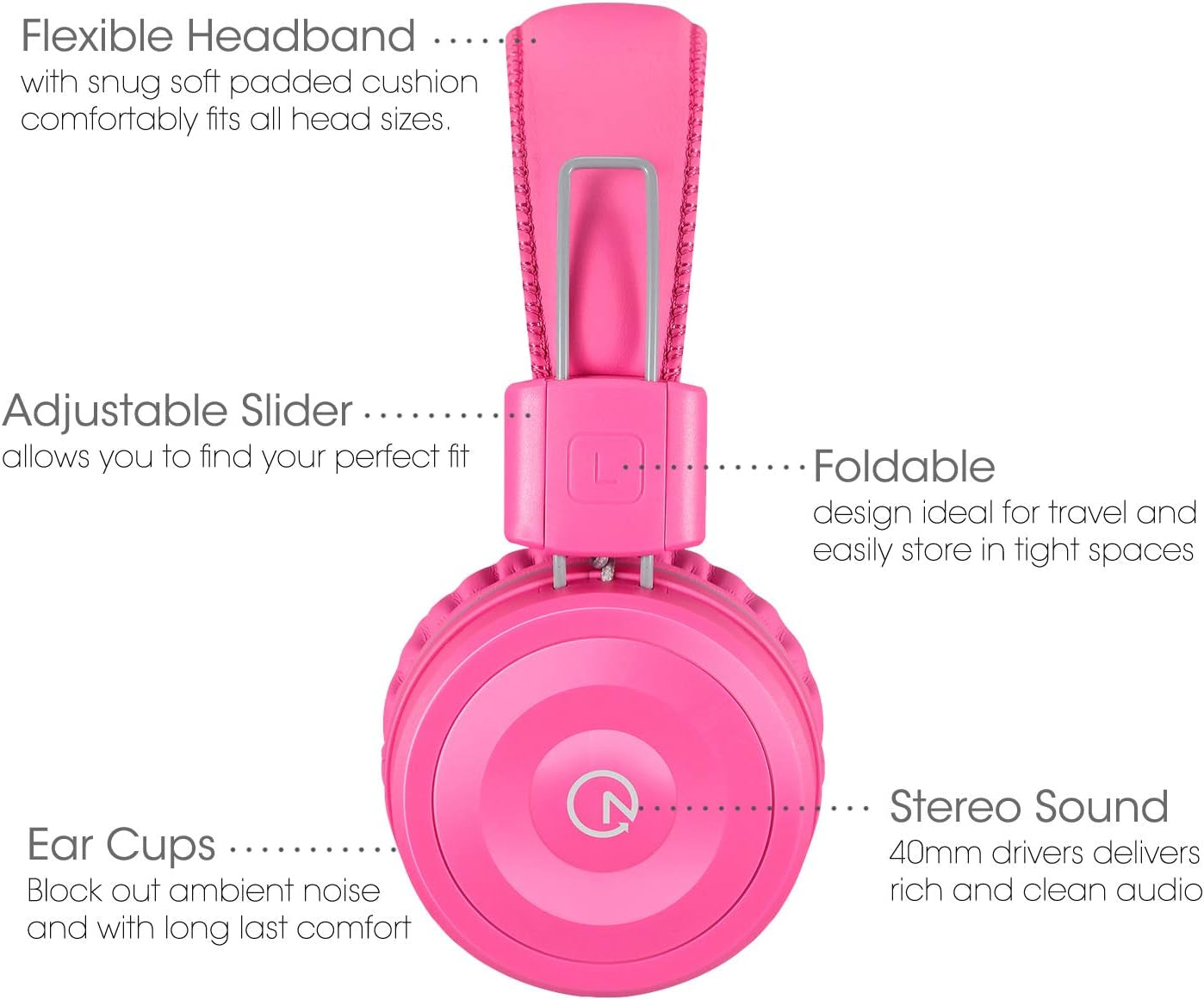 K22 Foldable Wired Kids Headphones with 3.5mm Jack, Flamingo Pink | Stereo On-Ear Headset with 5ft Tangle-Free Cord for Children, Compatible with iPad, School, Kindle, and Travel