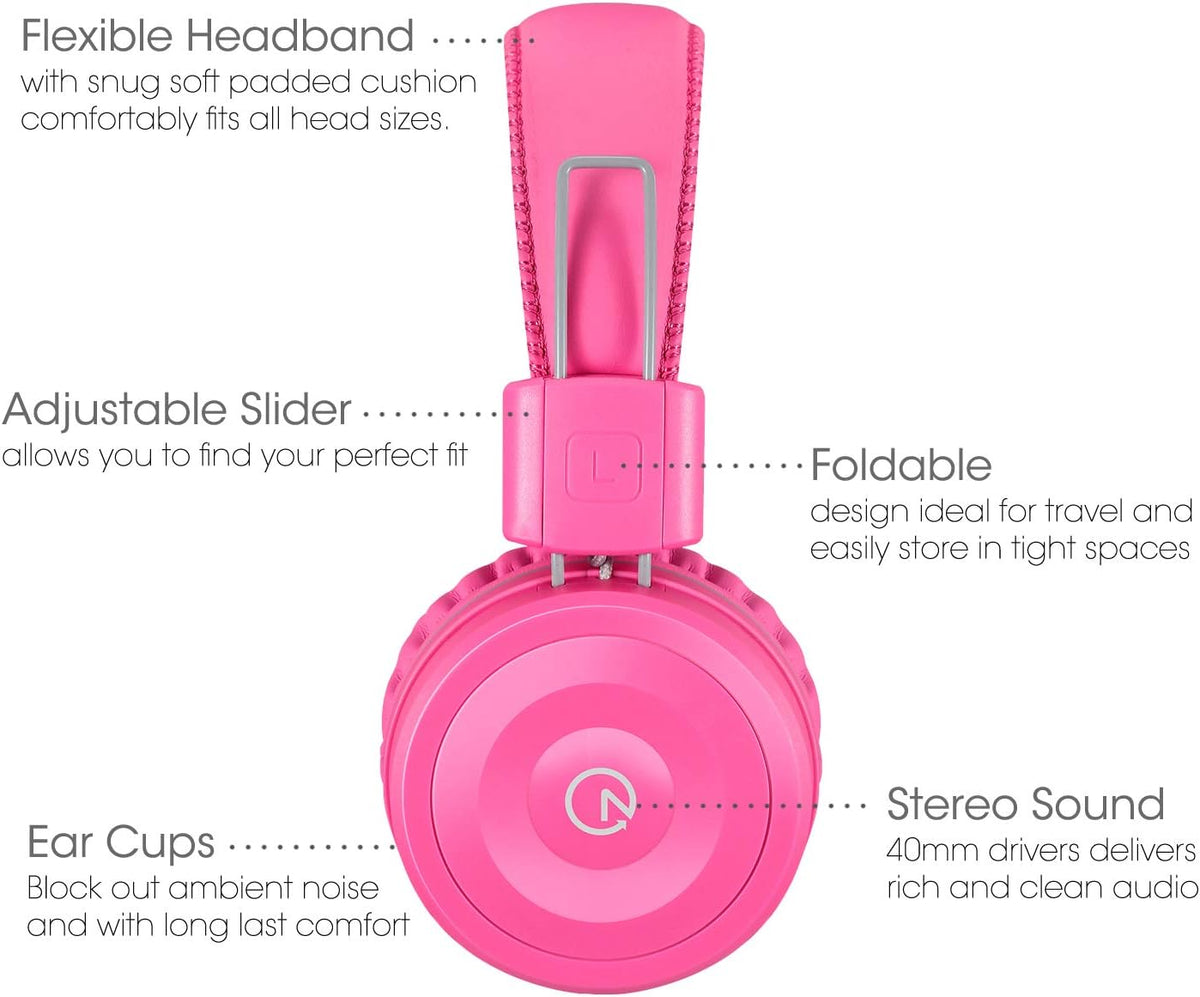K22 Foldable Wired Kids Headphones with 3.5mm Jack, Flamingo Pink | Stereo On-Ear Headset with 5ft Tangle-Free Cord for Children, Compatible with iPad, School, Kindle, and Travel