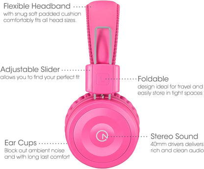K22 Foldable Wired Kids Headphones with 3.5mm Jack, Flamingo Pink | Stereo On-Ear Headset with 5ft Tangle-Free Cord for Children, Compatible with iPad, School, Kindle, and Travel