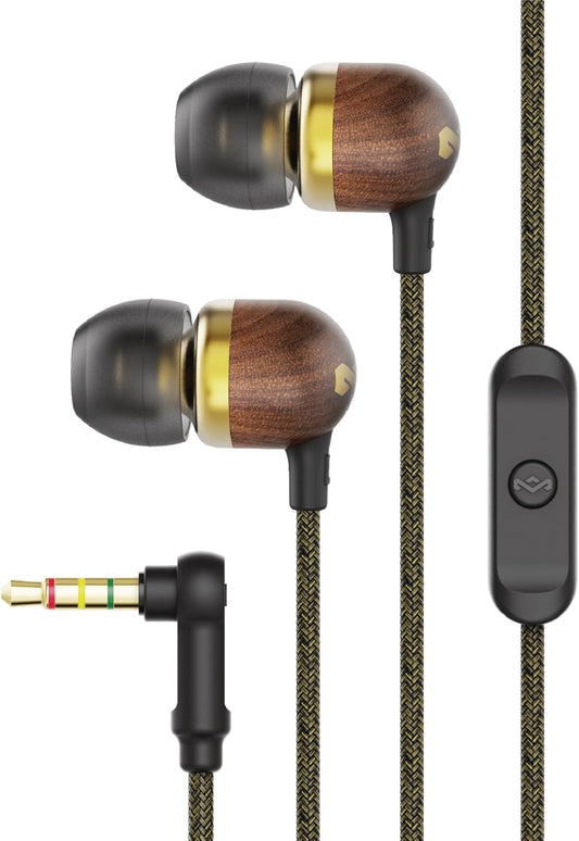 House of Smile Jamaica AUX Wired Earbuds with Microphone, Noise-Isolating In-Ear Headphones, Tangle-Resistant Cable, 3.5mm Jack - Sustainable Brass Design