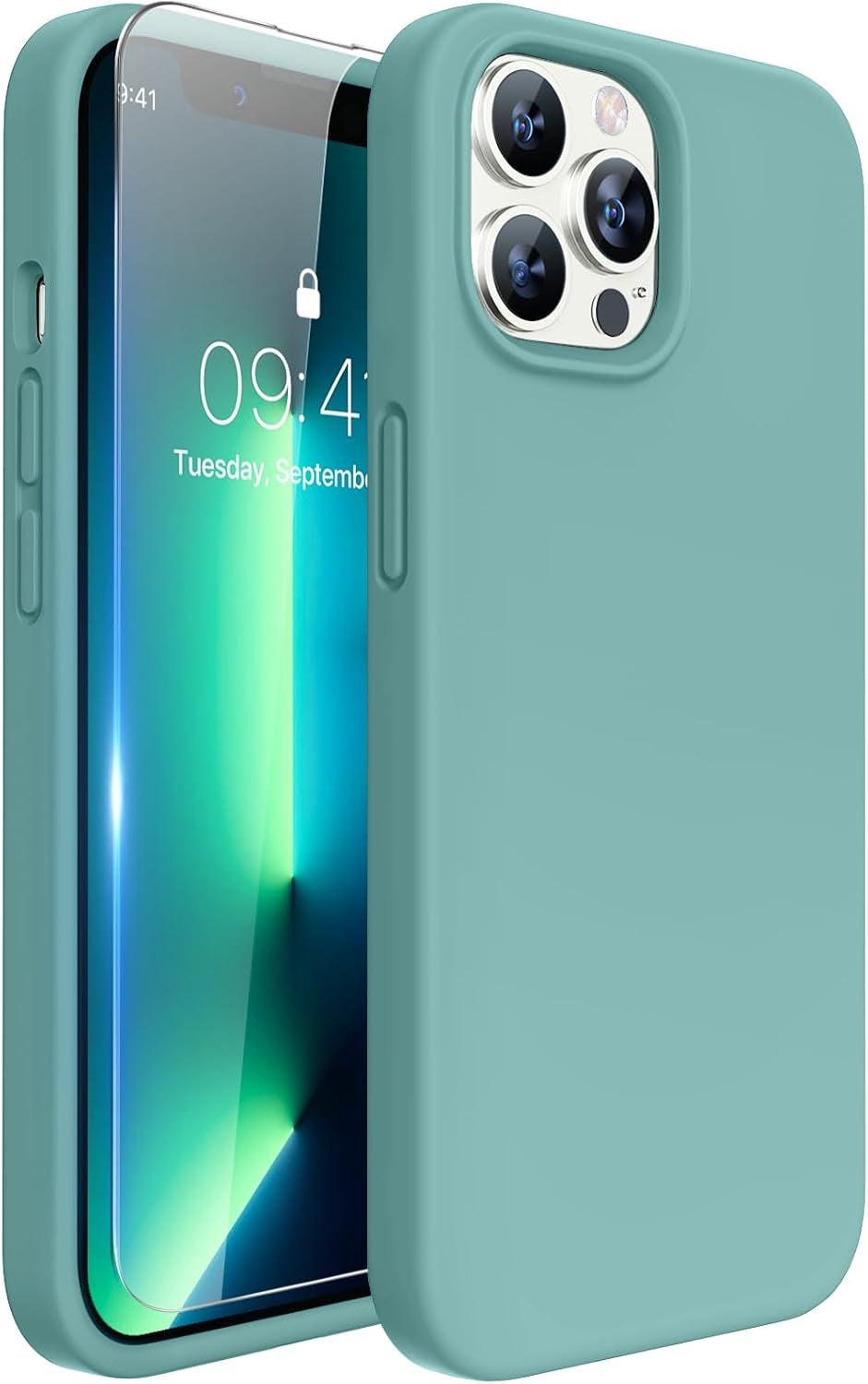 IPhone 13 Pro Max Case with Screen Protector, Shockproof Liquid Silicone Rubber Cover with Soft Anti-Scratch Microfiber Lining, 6.7 Inch, Midnight Green