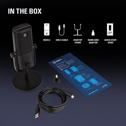 Wave:3 USB Condenser Microphone for Streaming - Cardioid Capsule, 24-Bit/96kHz Audio, Anti-Distortion Clipguard, Complimentary Mixer Software, Plug and Play for Mac and PC