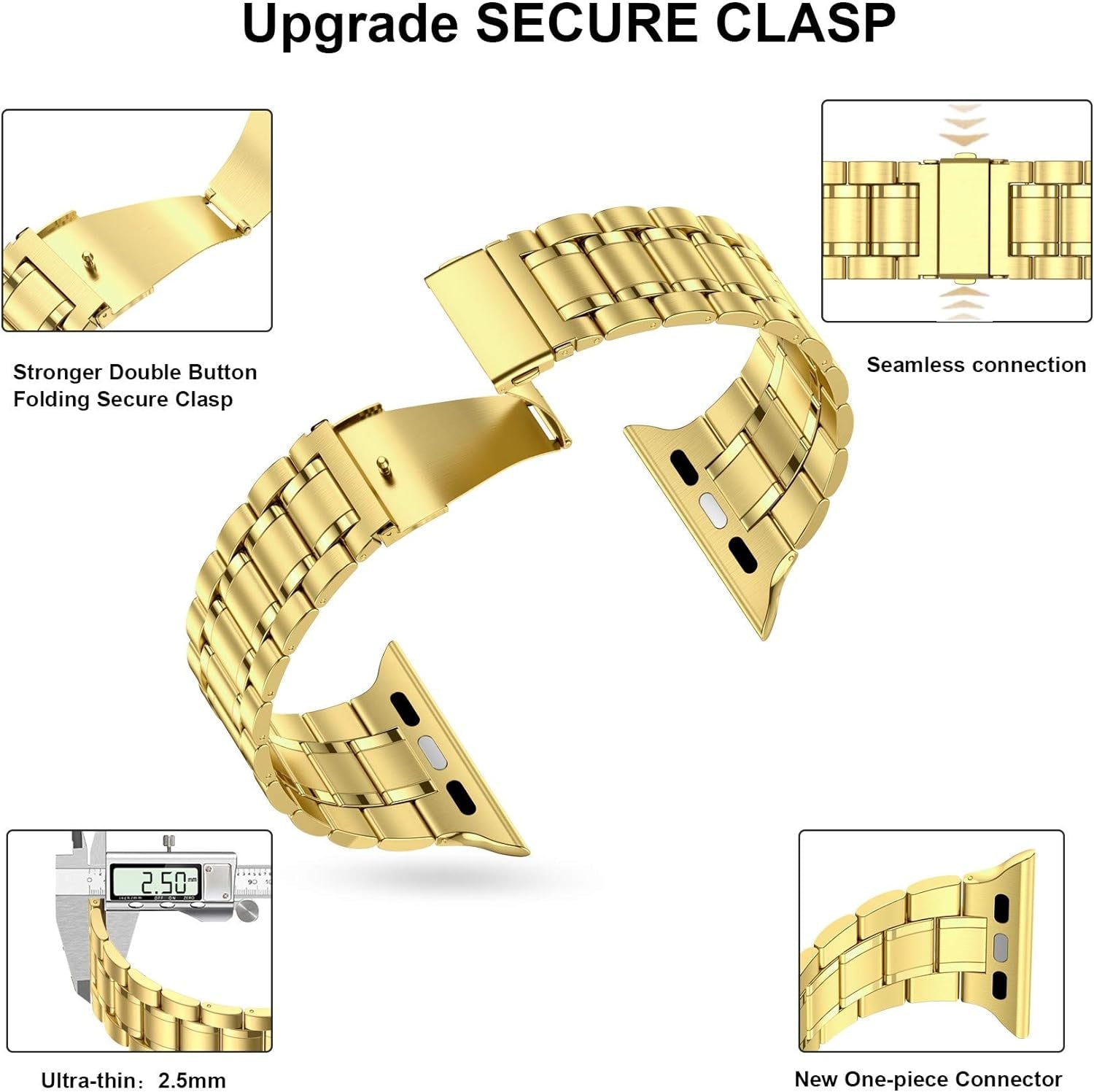 Stainless Steel Adjustable Bands for Apple Watch (45mm, 44mm, 42mm) with Soft TPU Case - Compatible with Series 1-9 and SE Models, Gold Finish for Men and Women