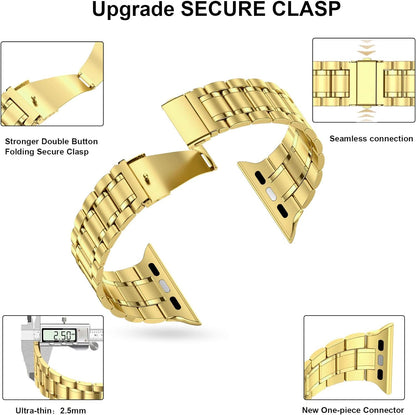 Stainless Steel Adjustable Bands for Apple Watch (45mm, 44mm, 42mm) with Soft TPU Case - Compatible with Series 1-9 and SE Models, Gold Finish for Men and Women