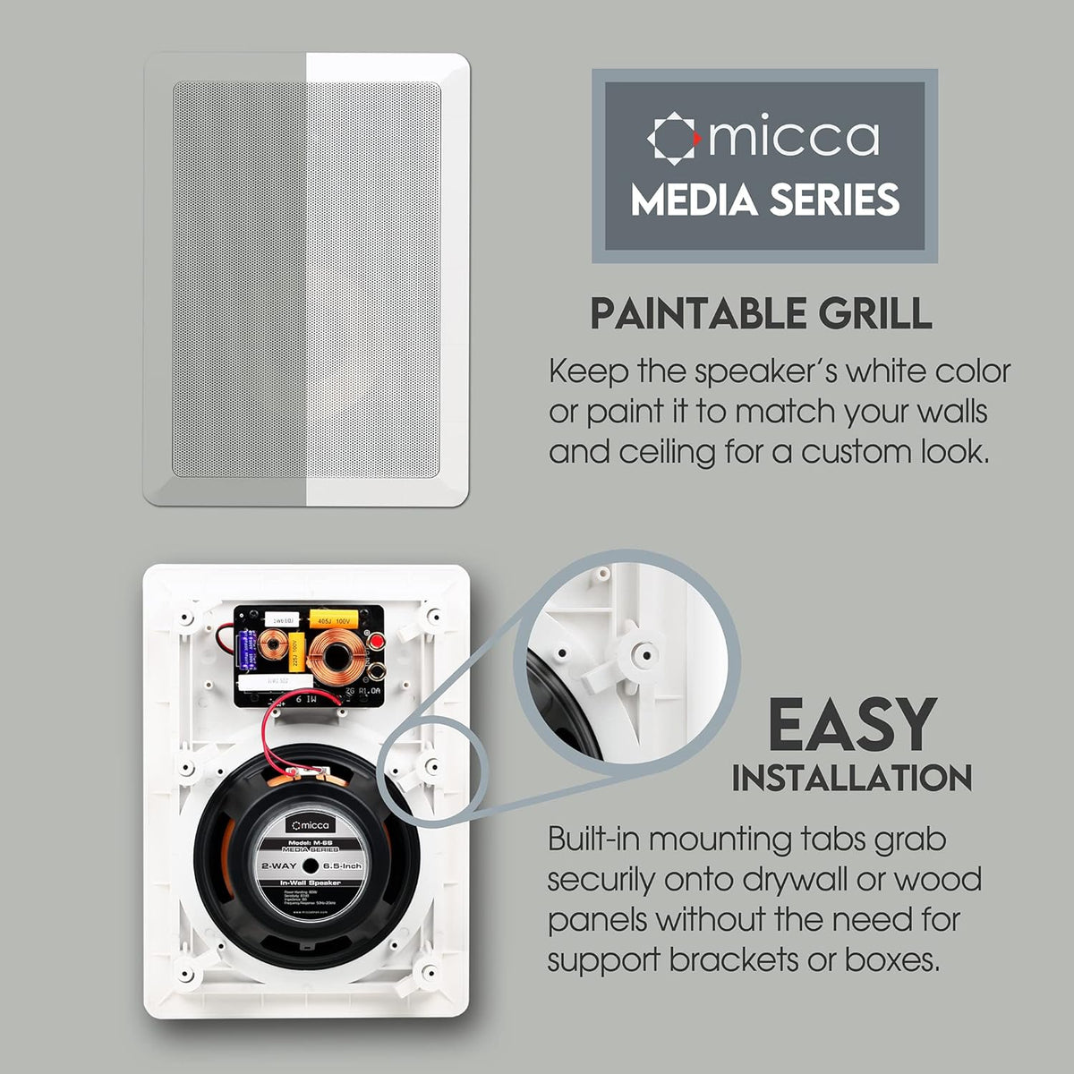 M-6S 6.5-Inch 2-Way In-Wall/Ceiling Speaker - Paintable White Finish, 7.3 x 10.7-Inch Cutout, Ideal for Home Theater and Whole House Audio, Suitable for Indoor or Covered Outdoor Use, Features 6.5" Woofer and 1" Aimable Silk Tweeter