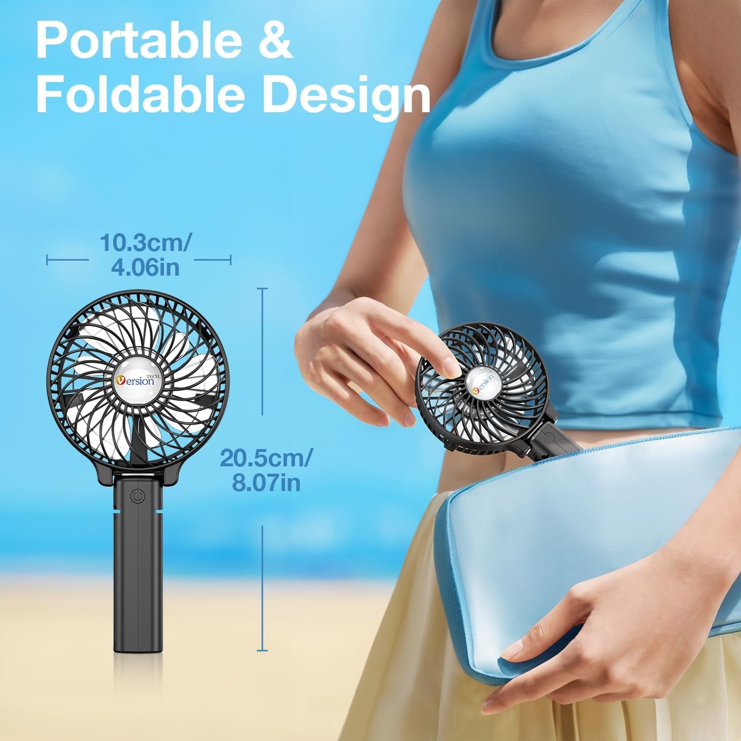 Portable Handheld Fan - Powerful and Durable, 180° Foldable Mini Fan with USB Rechargeable Battery for Personal Use, Travel, and Office - Black