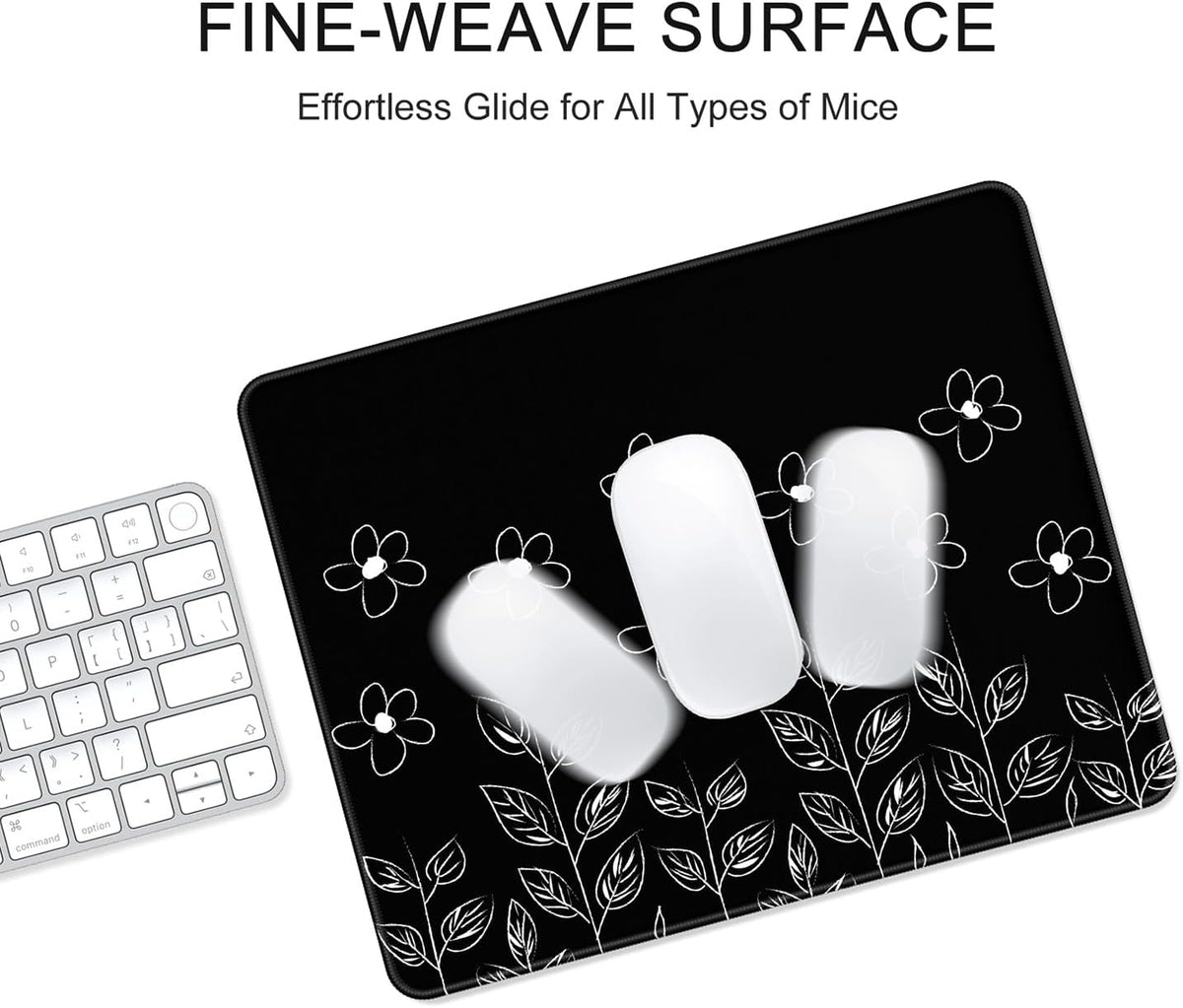 Premium Flower-Themed Mouse Pad, 12 x 10 inches, Non-Slip Rubber with Stitched Edges, Waterproof Square Mat for Gaming and Work, Compatible with Wireless Mice, Black