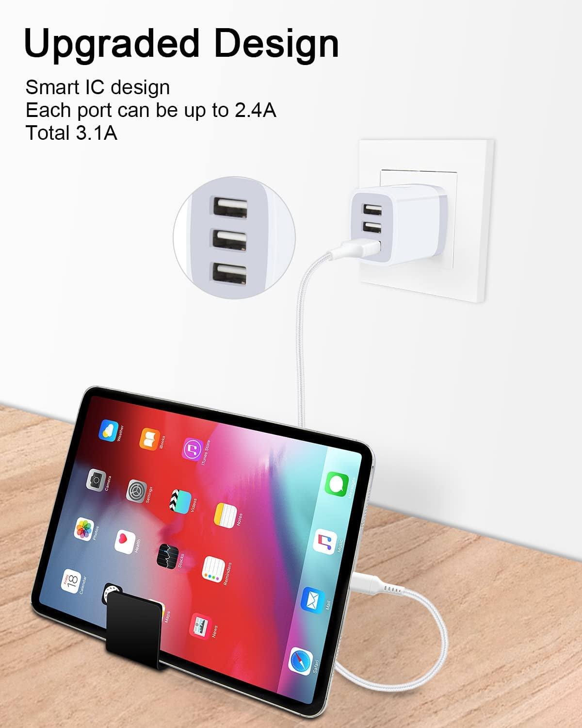 3.1A USB Wall Charger Cube with Multi-Port Adapter for iPhone and Samsung Devices