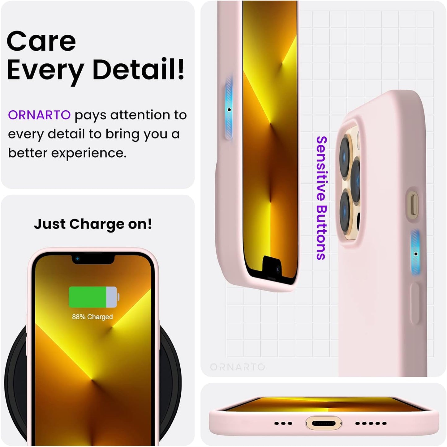 iPhone 13 Pro Case - Slim Liquid Silicone in Chalk Pink | 3-Layer Full Coverage, Soft Gel Rubber, Non-Slip Grip, Shockproof Protective Cover for 6.1-Inch iPhone 13 Pro