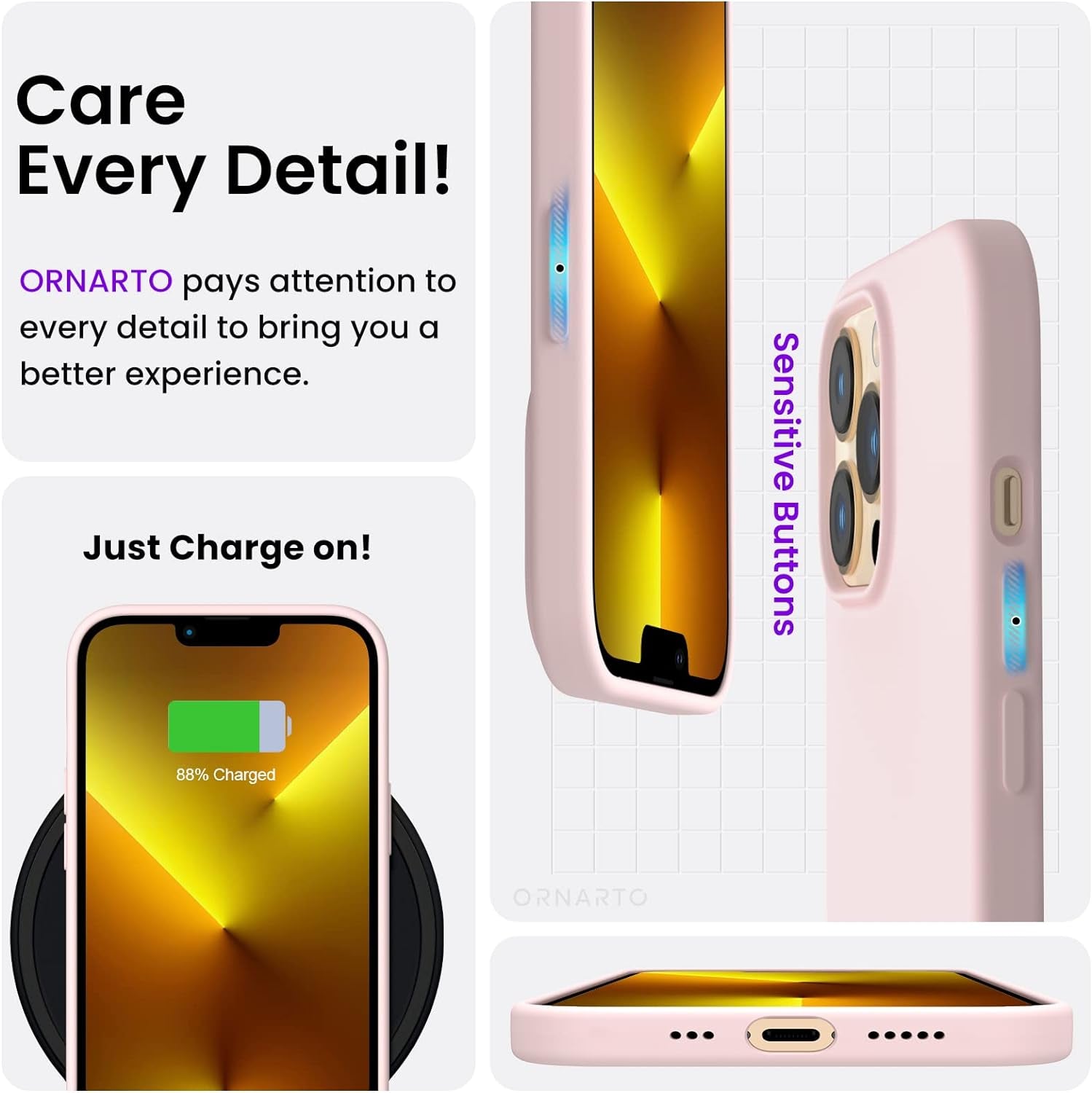 iPhone 13 Pro Case - Slim Liquid Silicone in Chalk Pink | 3-Layer Full Coverage, Soft Gel Rubber, Non-Slip Grip, Shockproof Protective Cover for 6.1-Inch iPhone 13 Pro