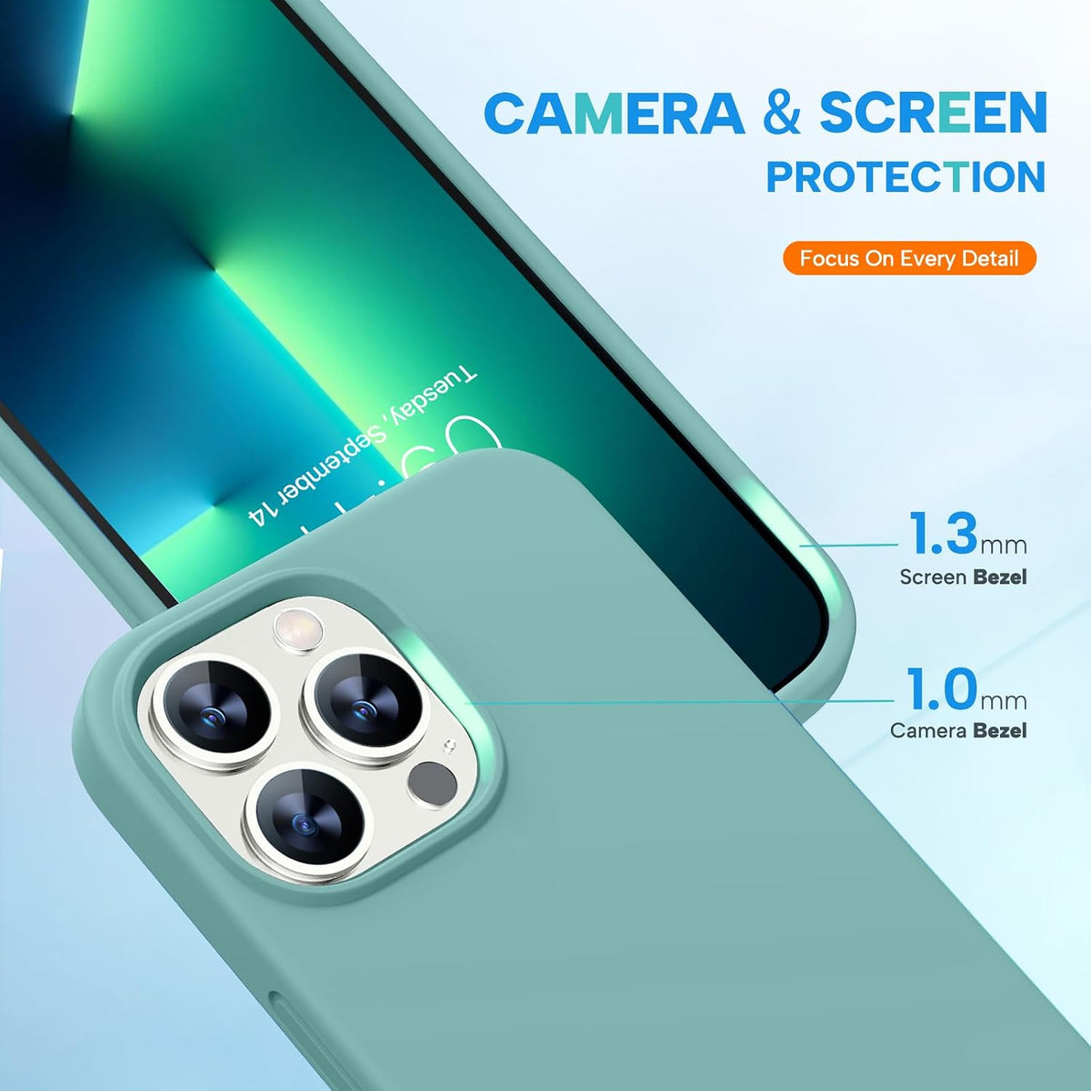 IPhone 13 Pro Max Case with Screen Protector, Shockproof Liquid Silicone Rubber Cover with Soft Anti-Scratch Microfiber Lining, 6.7 Inch, Midnight Green