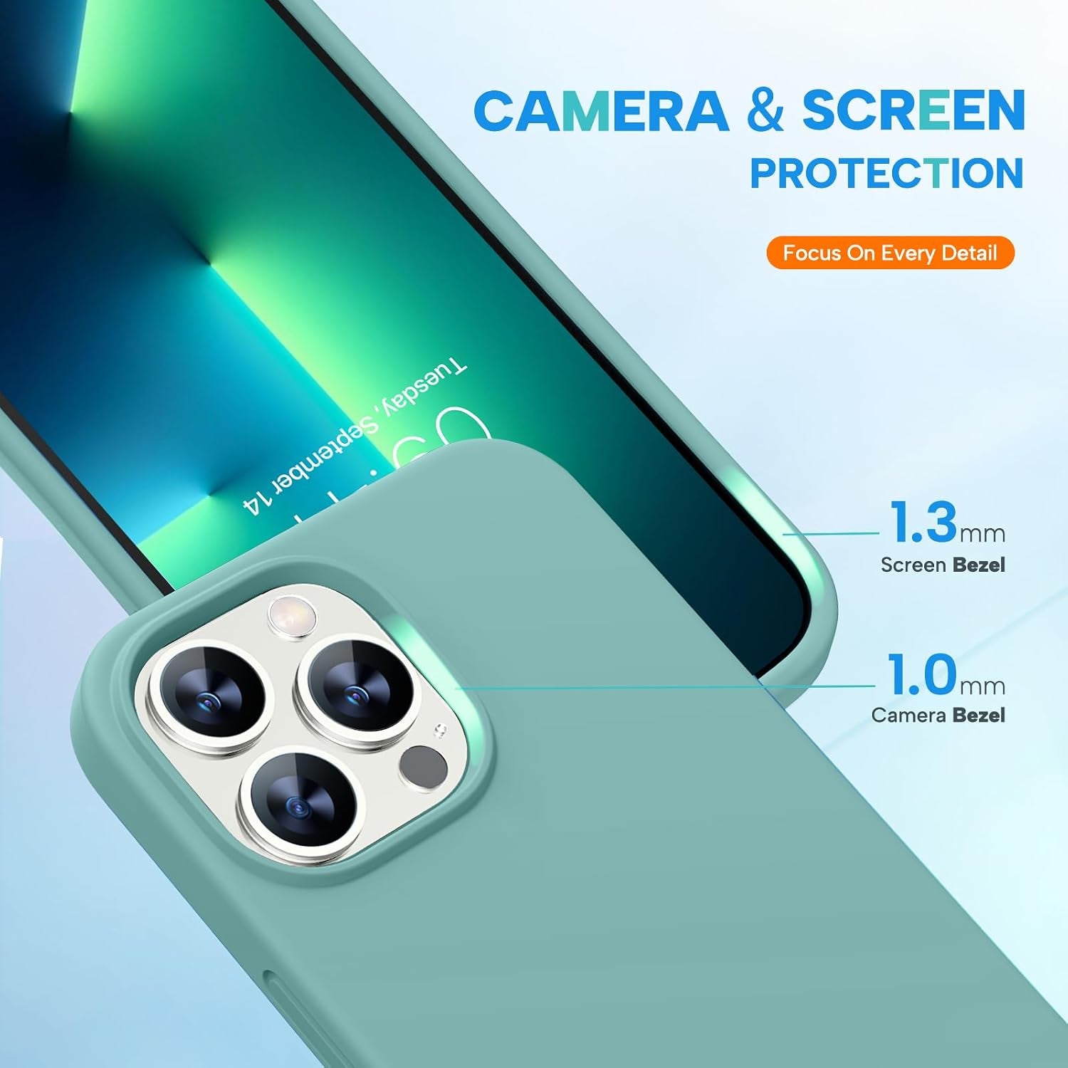 IPhone 13 Pro Max Case with Screen Protector, Shockproof Liquid Silicone Rubber Cover with Soft Anti-Scratch Microfiber Lining, 6.7 Inch, Midnight Green