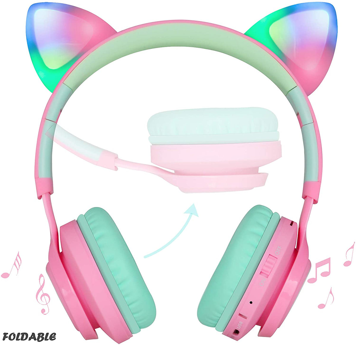 CT-7 Bluetooth Cat Ear Headphones for Kids with LED Lights, Wireless Over-Ear Design, Microphone, and Volume Control - Ideal for Travel, School, Smartphones, Laptops, and TVs (Pink & Green)